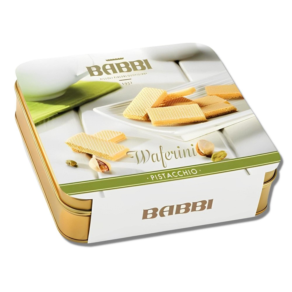 Babbi Gran Waferini Gold Tin - Italian Pistachio Wafer Cookies - Crispy Cream-filled Wafer - Gourmet Snacks from Italy - Crunchy Kids Snack - Holiday Food Gift - 6.7 oz (Pistachio)