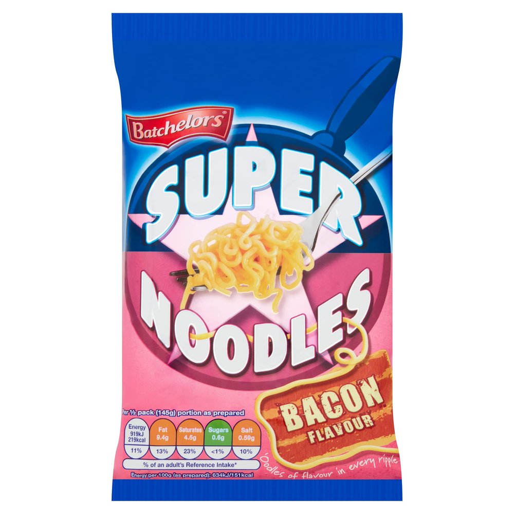 Batchelors Super Noodles Bacon Flavour, Instant Snack Ready in 4 Minutes, 90 g Packet (Pack Of 8)