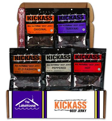 Kickass Beef Jerky Gift Baskets for Men - 5 Flavors in the Premium Beef Jerky Care Package - Father's Day Gifts for Men - Snack Packs - Gluten Free, Keto Friendly - 1 Bonus - (5 Pack)