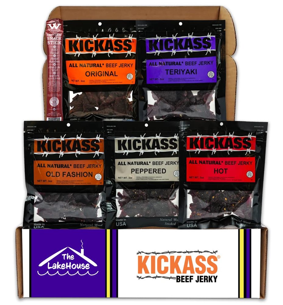 Kickass Beef Jerky Gift Baskets for Men - 5 Flavors in the Premium Beef Jerky Care Package - Father's Day Gifts for Men - Snack Packs - Gluten Free, Keto Friendly - 1 Bonus - (5 Pack)