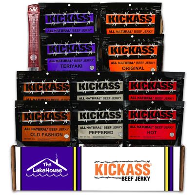 Kickass Beef Jerky Gift Baskets for Men - 5 Flavors in the Premium Beef Jerky Care Package - Father's Day Gifts for Men - Snack Packs - Gluten Free, Keto Friendly - 1 Bonus - (10 Pack)