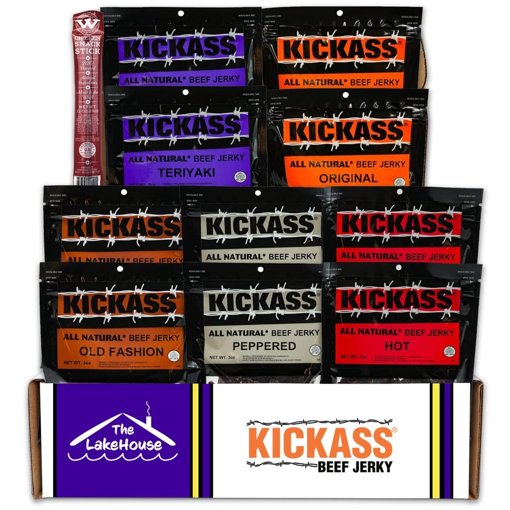 Kickass Beef Jerky Gift Baskets for Men - 5 Flavors in the Premium Beef Jerky Care Package - Father's Day Gifts for Men - Snack Packs - Gluten Free, Keto Friendly - 1 Bonus - (10 Pack)