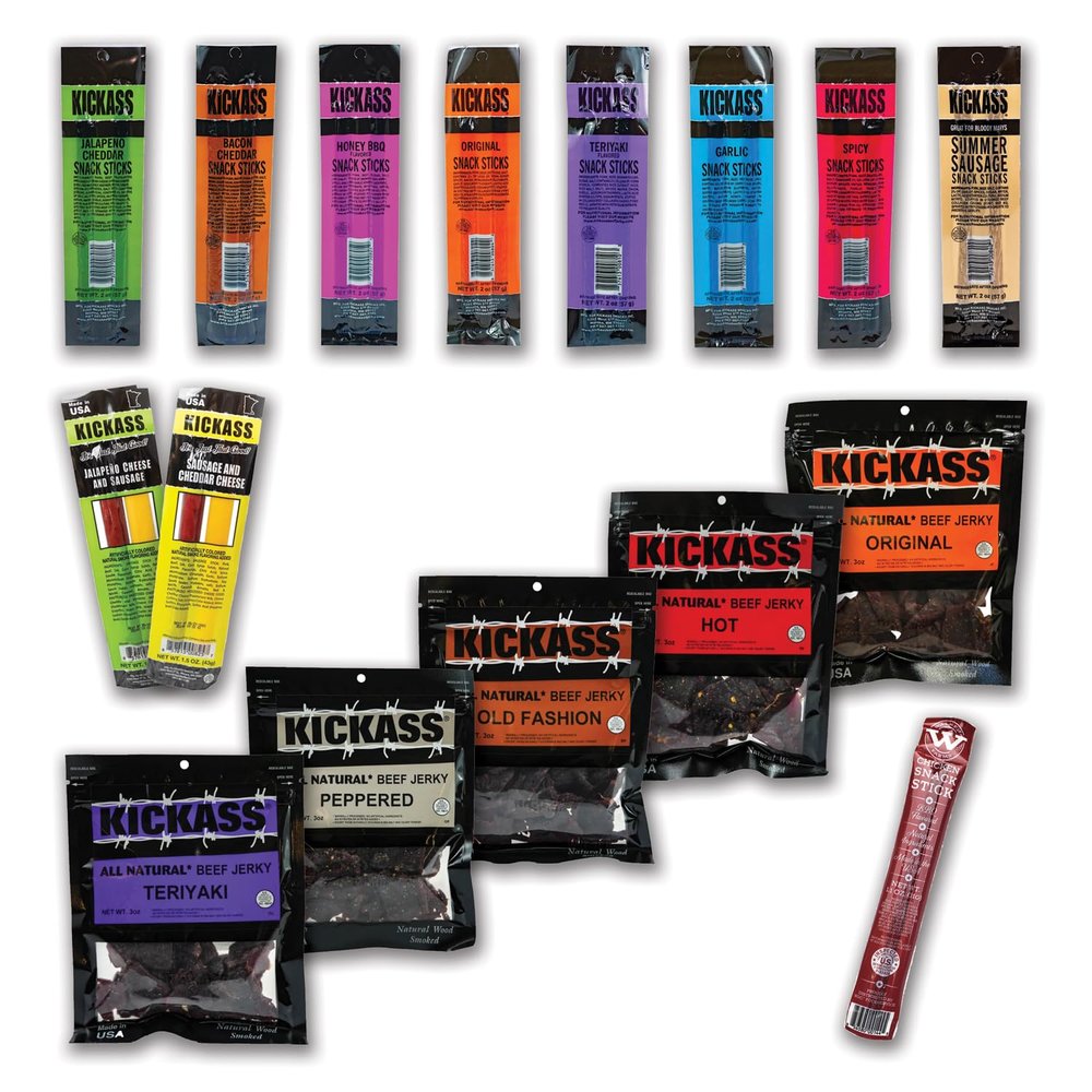 Kickass Beef Jerky Gift Baskets for Men - Mega Snack Pack - 9 Flavors of Meat Sticks - 5 Flavors of Beef Jerky Care Package - Father's Day Gifts for Men - Gluten Free Keto Friendly - 1 Bonus