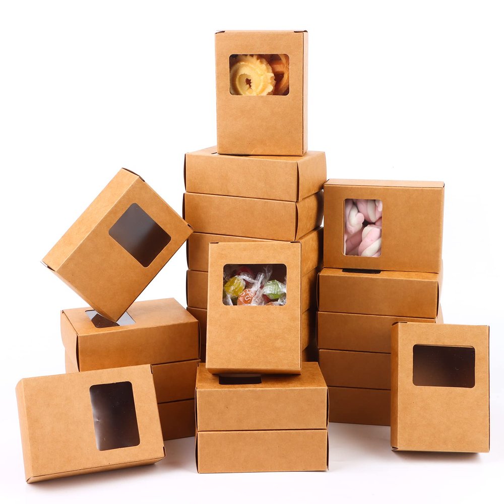 PINKXHY 100 PCS Mini Kraft Paper Box with Square Window Soap Packaging Boxes Craft Cardboard Present Container for Homemade Soap Favor Treat Bakery Candy, 3.5 x 2.6 x 1.2 Inch (Brown)