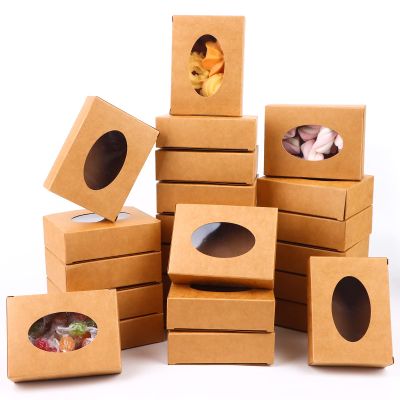 PINKXHY 100 PCS Mini Kraft Paper Box with Window Round Soap Packaging Boxes Craft Cardboard Present Container for Homemade Soap Favor Treat Bakery Candy, 3.8 x 2.8 x 1.2 Inch (Brown)