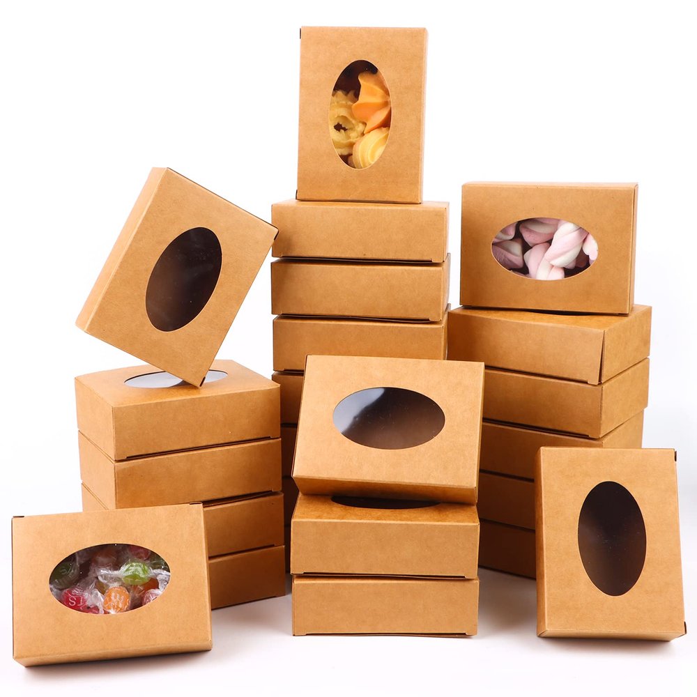 PINKXHY 100 PCS Mini Kraft Paper Box with Window Round Soap Packaging Boxes Craft Cardboard Present Container for Homemade Soap Favor Treat Bakery Candy, 3.8 x 2.8 x 1.2 Inch (Brown)
