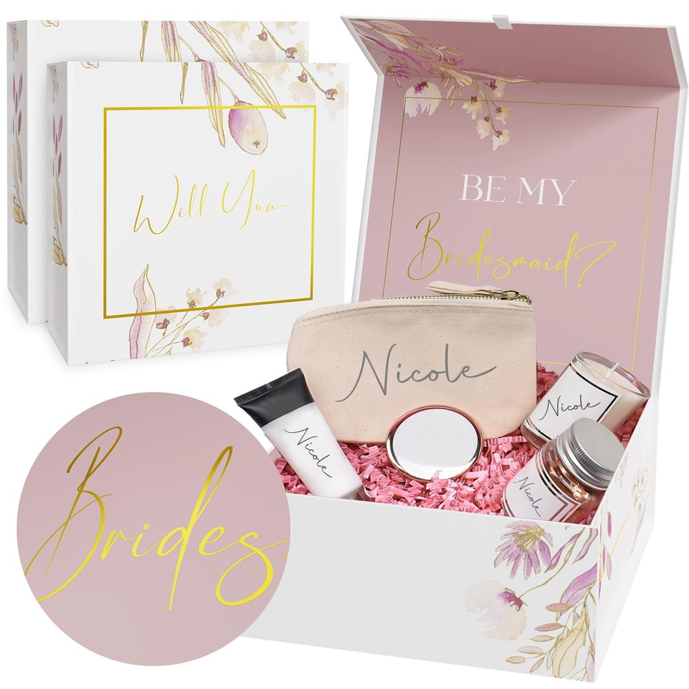 3Pack Bridesmaid Gift Boxes with Lids For Presents, 9.25x9.25x3.75" Collapsible Bridesmaid Proposal Box Stuffers, Will You Be My Bridesmaid Box With Lid For Gifts, Reusable Bridesmaid Proposal Boxes