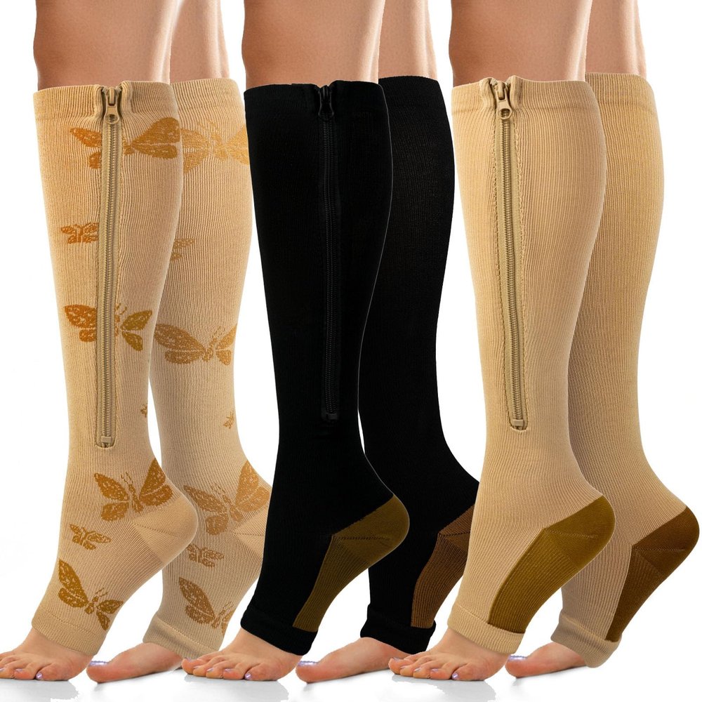 Wnicdvi 3 Pairs 15-19mmHg Zipper Compression Socks for Women and Man,Open Toe Compression Socks with Zipper for Sports, Travel, Pregnant and office Workers
