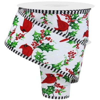 Craig Bachman 2.5" Cardinal Holly Berry Stripe Edge Ribbon: White (10 Yards) Holidy Gift Wrapping Ribbon