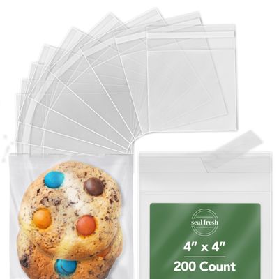 Seal Fresh 4 x 4 Inch Cellophane Bags 200 Pack  Clear Self-Sealing Resealable Treat Bags for Cookies, Candy, Pastries, Party Favors, Square Cello Packaging