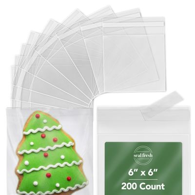 Seal Fresh 6 x 6 Inch Cellophane Bags 200 Pack  Clear Self-Sealing Resealable Treat Bags for Cookies, Candy, Pastries, Party Favors, Square Cello Packaging