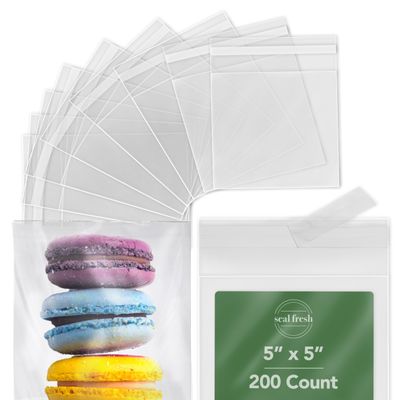 Seal Fresh 5 x 5 Inch Cellophane Bags 200 Pack  Clear Self-Sealing Resealable Treat Bags for Cookies, Candy, Pastries, Party Favors, Square Cello Packaging