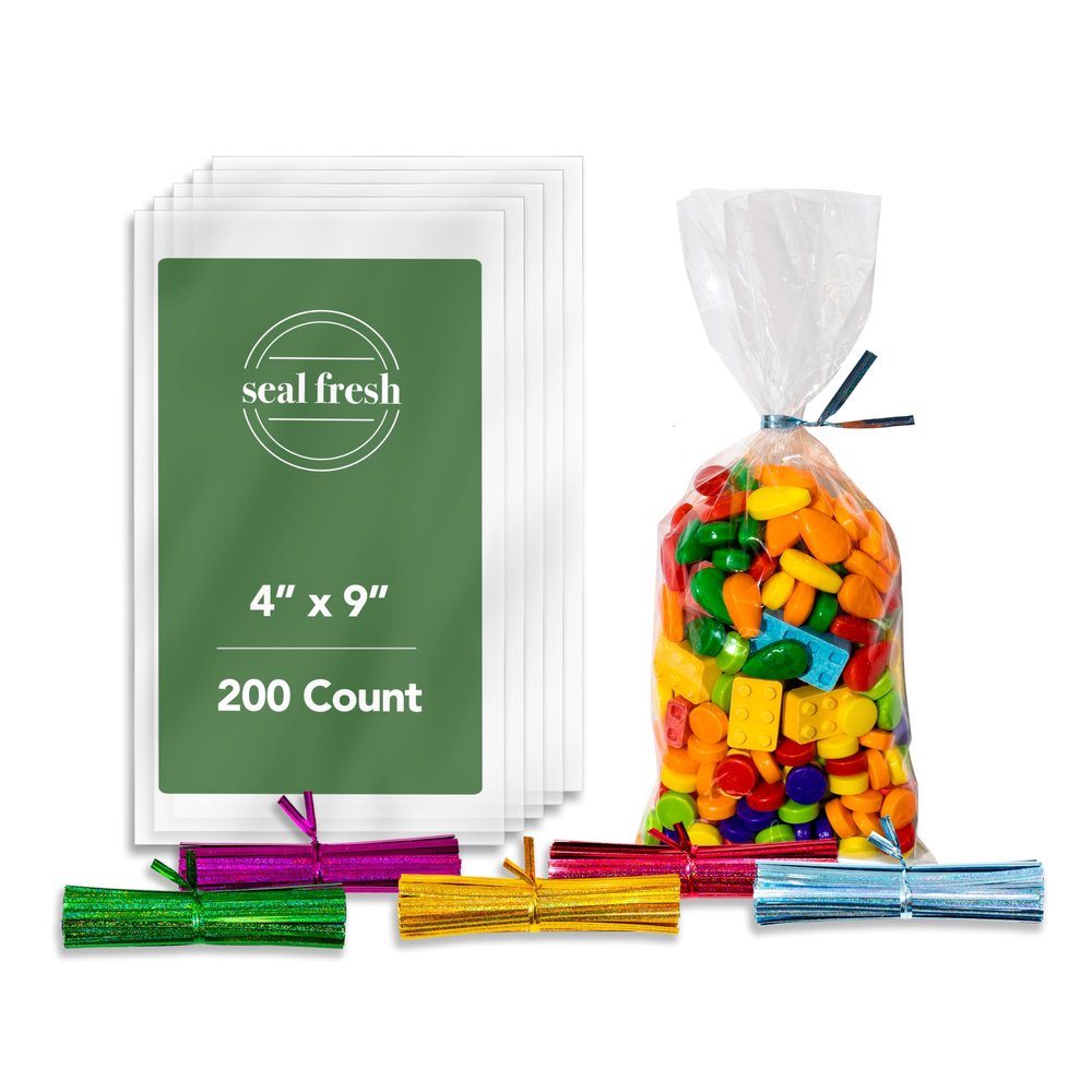 Seal Fresh Clear Cellophane Treat Bags With Holographic Laser Twist Ties 4"  4" x 9" (200 Count)  Cellophane Bags, Cookie Bags, Candy Bags