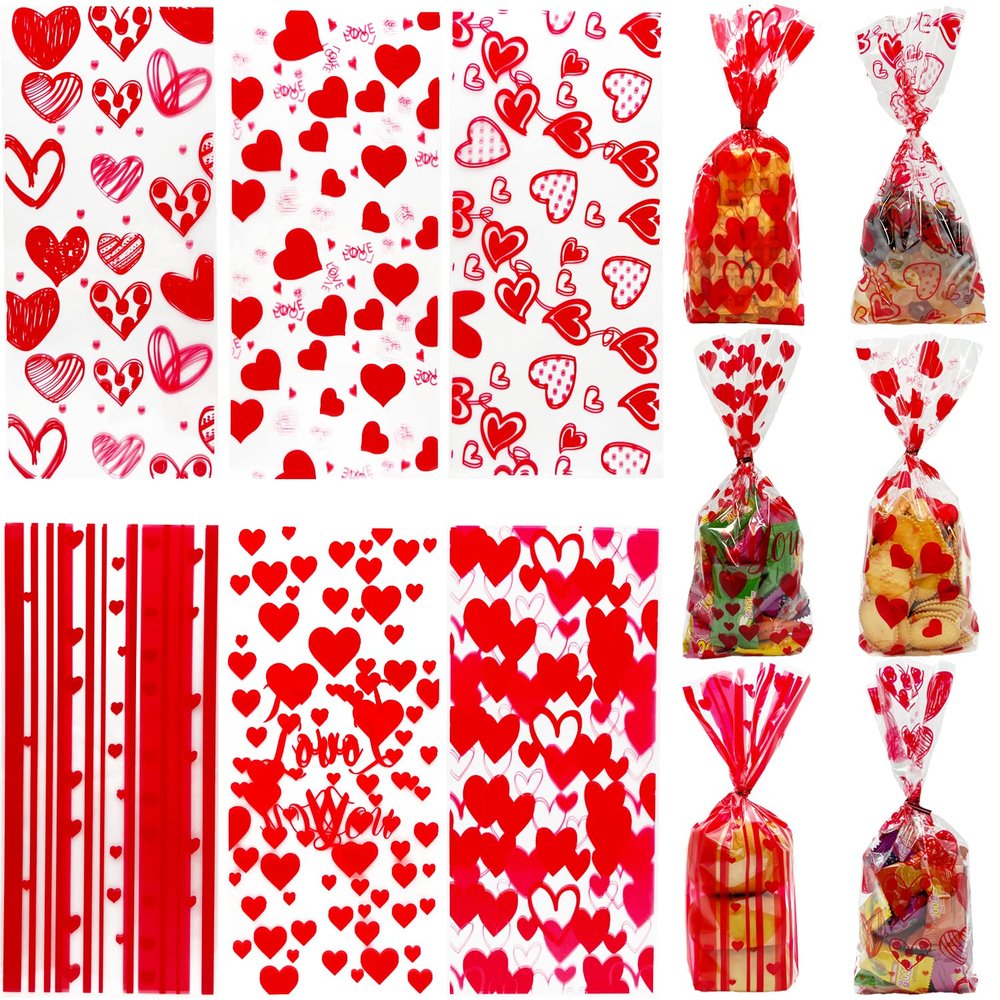 AouEtnay 120 Pieces Valentines Cellophane Treat Bags Valentines Day Candy Bags, 6 Assorted Styles Valentine Treat Bags with Ties for Valentine's Day Party Favor Supplies
