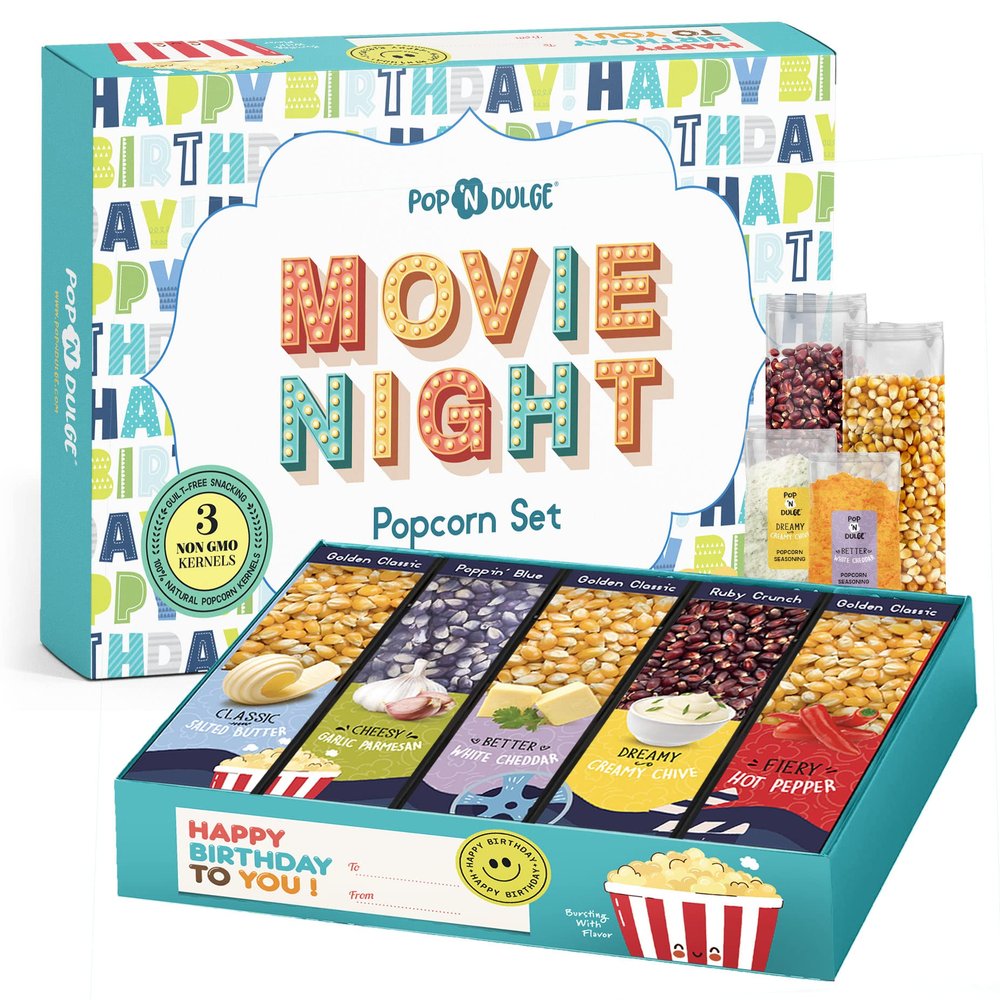 Birthday Gift Basket Movie Night Popcorn Birthday Box Food Gifts Birthday Care Package, 10 Piece Set, 5 Gourmet Popcorn Kernels and 5 Popcorn Seasoning Flavoring, Non-GMO Popcorn Gifts