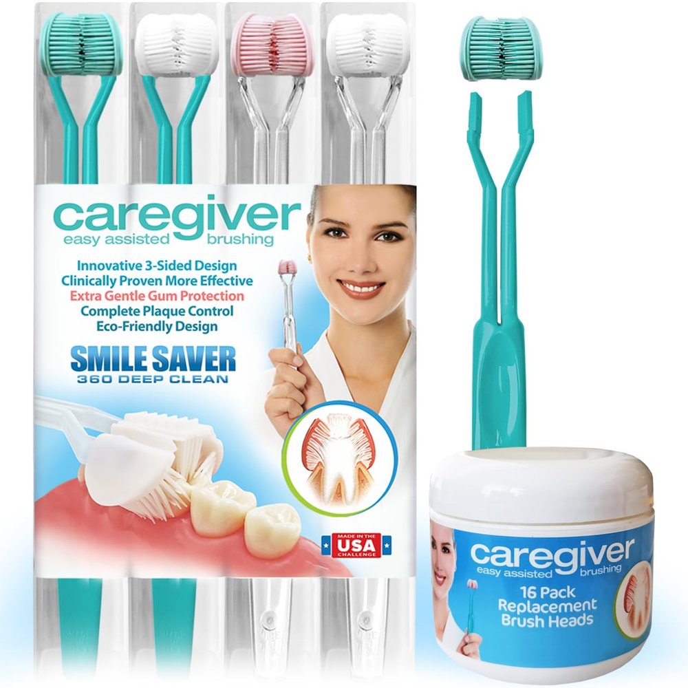 Smile Saver 360 Caregiver 3-Sided Toothbrush + 16PK Replacement Heads | Assisted Brushing for Autism, Special Needs, Disabilities, Seniors & Dexterity Three U-Shaped Triple Clean Soft | Made in USA