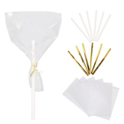 SHERCHPRY 1set Transparent Candy Wrapping Bags Lollipop Sticks and Metallic Ties for Birthday Parties Weddings and Celebrations Set