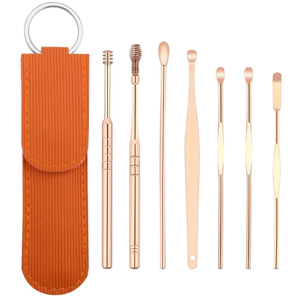 LUYILA 7Pcs Ear Wax Removal Set, Stainless Ear Cleaner Wax Removal Tool, Earpick Sticks Earwax Remover Curette Ear Pick Cleaning Ear Cleanser Spoon (Color : Rose Gold)