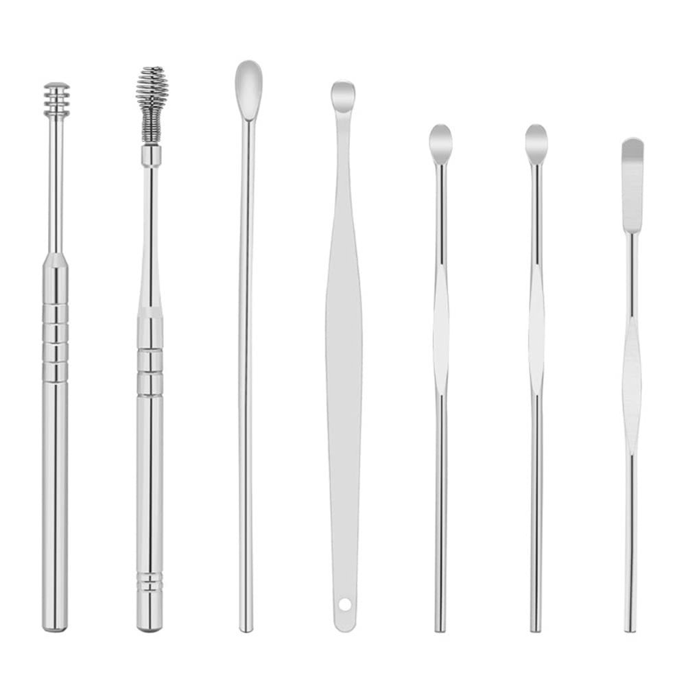 LUYILA 7Pcs Ear Wax Removal Set, Stainless Ear Cleaner Wax Removal Tool, Earpick Sticks Earwax Remover Curette Ear Pick Cleaning Ear Cleanser Spoon (Color : Silver)