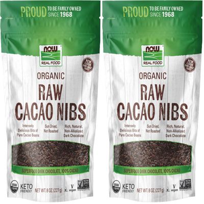 NOW Foods, Organic Raw Cacao Nibs, Rich, Pure Cacao Bean Bits, Dark Chocolate Flavor, Certified Non-GMO 8-Ounce (Packaging May Vary) (Pack of 2)