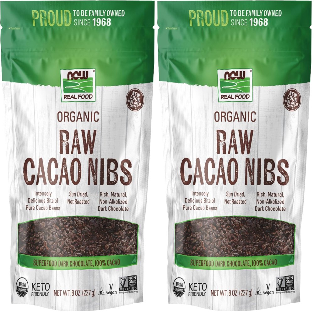 NOW Foods, Organic Raw Cacao Nibs, Rich, Pure Cacao Bean Bits, Dark Chocolate Flavor, Certified Non-GMO 8-Ounce (Packaging May Vary) (Pack of 2)