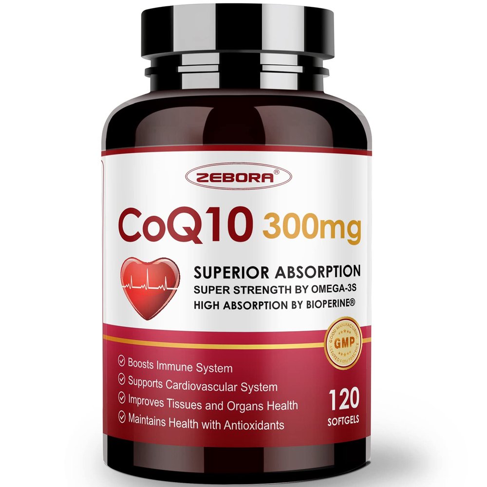 ZEBORA CoQ10-300mg-Softgels with PQQ, BioPerine & Omega-3, 120 Servings Coenzyme Q10 (Ubiquinone) Supplement for High-Absorption, Powerful-Antioxidant, Support Heart-Health & Energy-Production