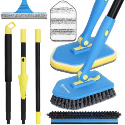 Tile Tub Scrubber Brush with 5 Different Function Cleaning Heads and 51" Extendable Long Handle Non Scratch Shower Scrubber for Cleaning Bathroom Kitchen Toilet Wall Bathtub Sink