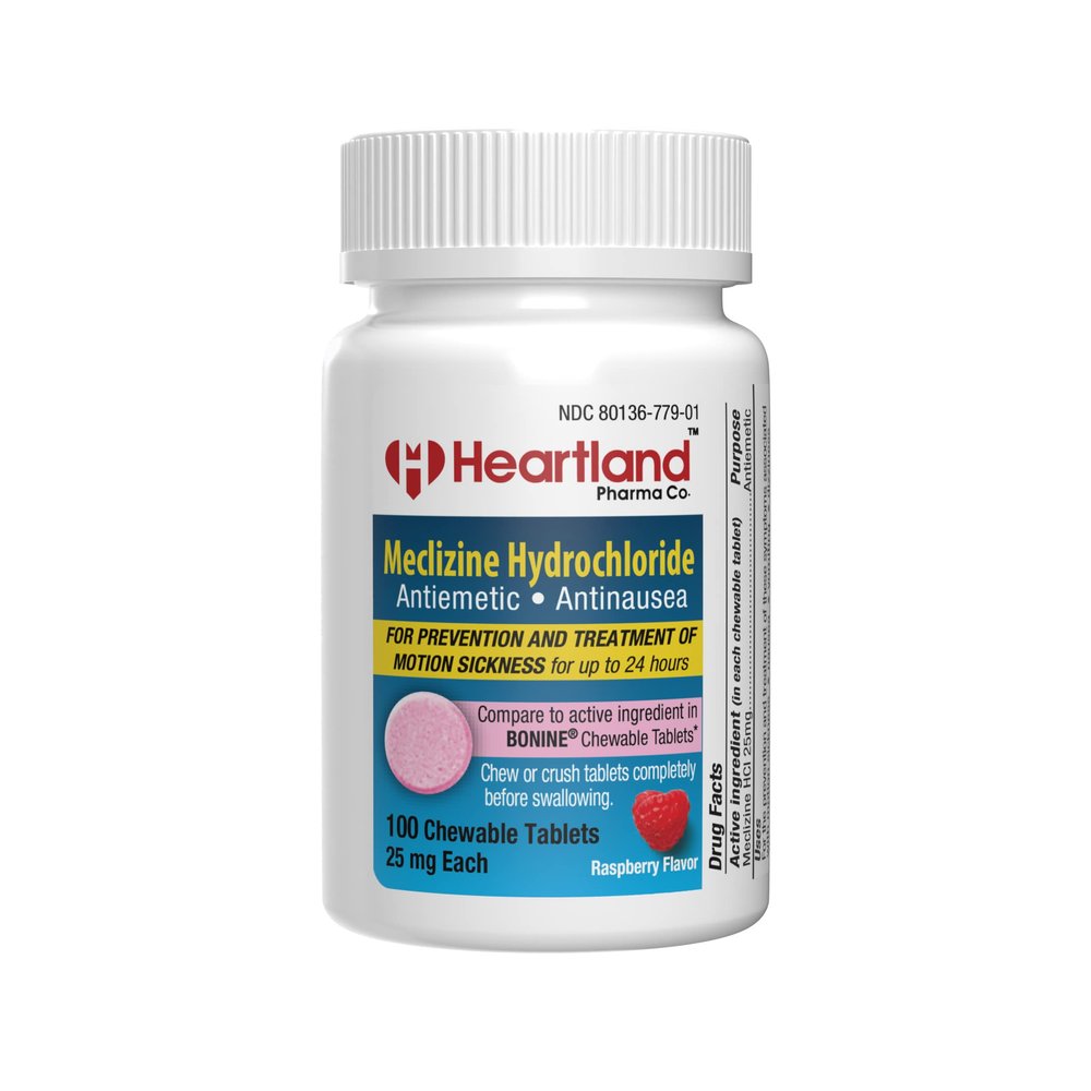 Heartland Pharma Meclizine Chewable 25mg | Travel & Motion Sickness Medicine Tablet | Helps Prevent Nausea, Vomiting & Dizziness Caused by Motion Sickness Tablets | USA Manufactured | 100 Count
