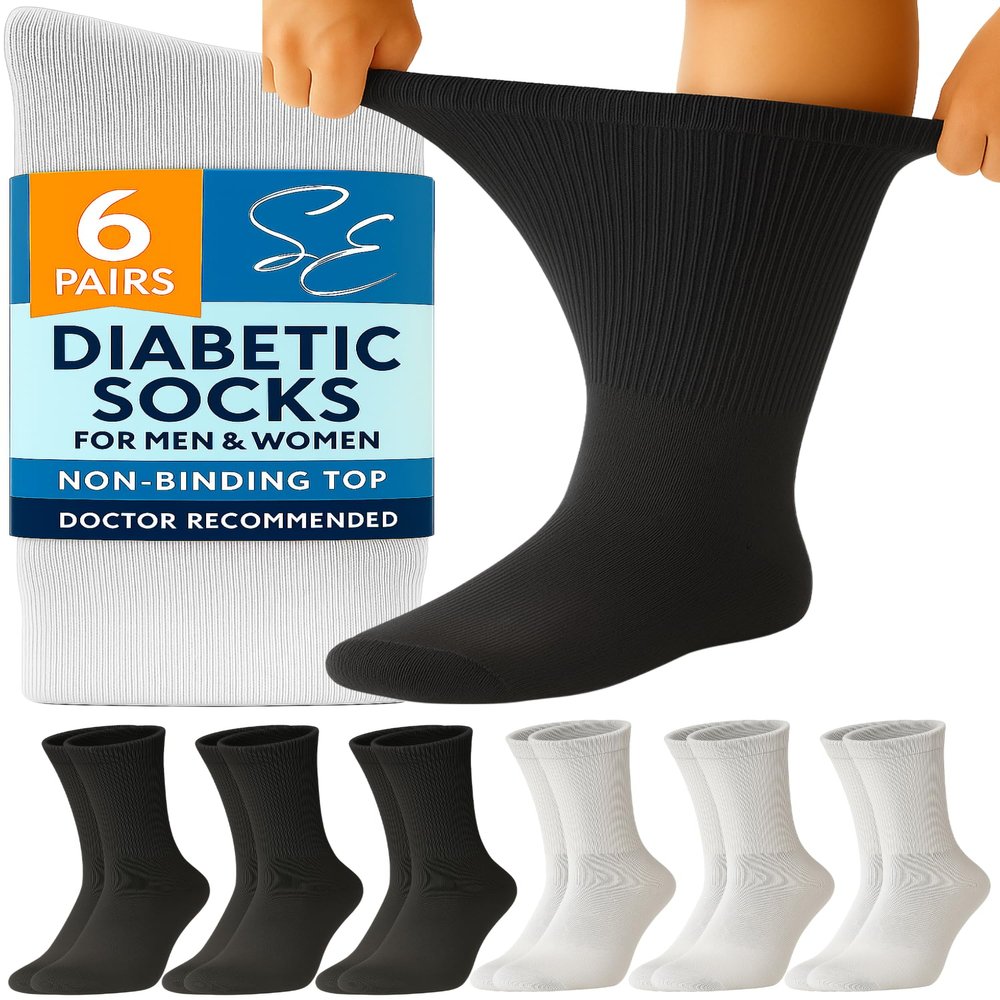 Special Essentials Diabetic Socks for Men & Women 6 Pairs of Non-Binding Extra Wide Top Cotton Neuropathy Socks Crew Length, Black and Gray, 10-13
