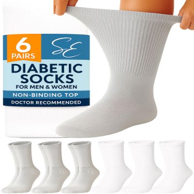 Special Essentials Diabetic Socks for Men & Women 6 Pairs of Non-Binding Extra Wide Top Cotton Neuropathy Socks Crew Length, White and Gray, 10-13
