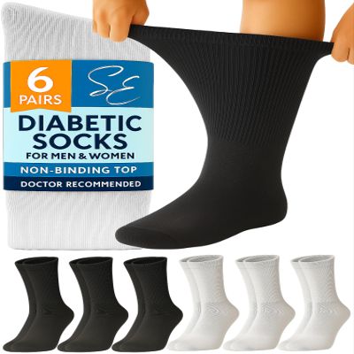 Special Essentials Diabetic Socks for Men & Women  6 Pairs of Non-Binding Extra Wide Top Cotton Neuropathy Socks  Crew Length, Black and Gray, 9-11