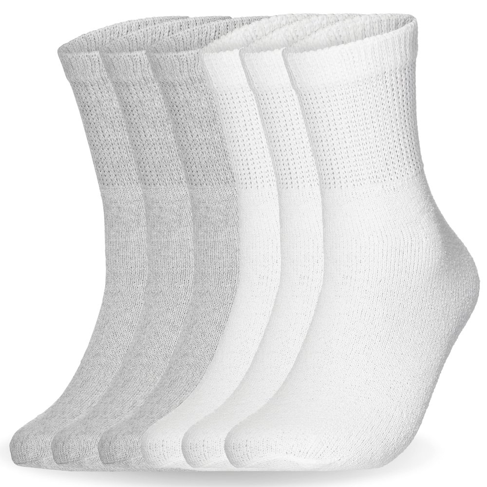 Special Essentials 6 Pairs Cotton Diabetic Ankle Socks - Non-Binding With Extra Wide Top For Men and Women Gray and White 9-11