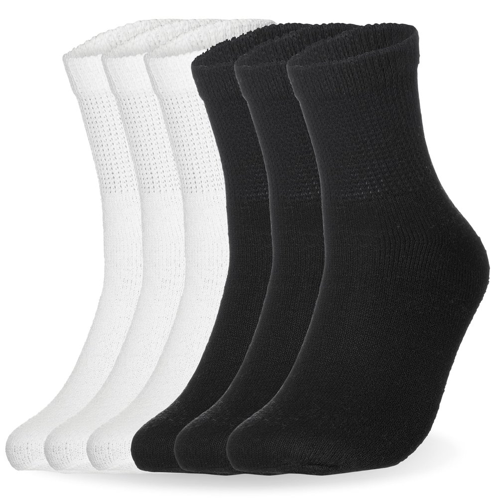 Special Essentials 6 Pairs Cotton Diabetic Ankle Socks - Non-Binding With Extra Wide Top For Men and Women Black and White 9-11