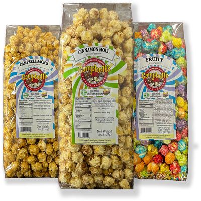 Campbell's Sweets Factory Cinnamon Roll, Cambell Jack, & Fruity Gourmet Popcorn Flavors - 3 Bag Variety Gift Pack Assorted Specialty Popped Popcorn