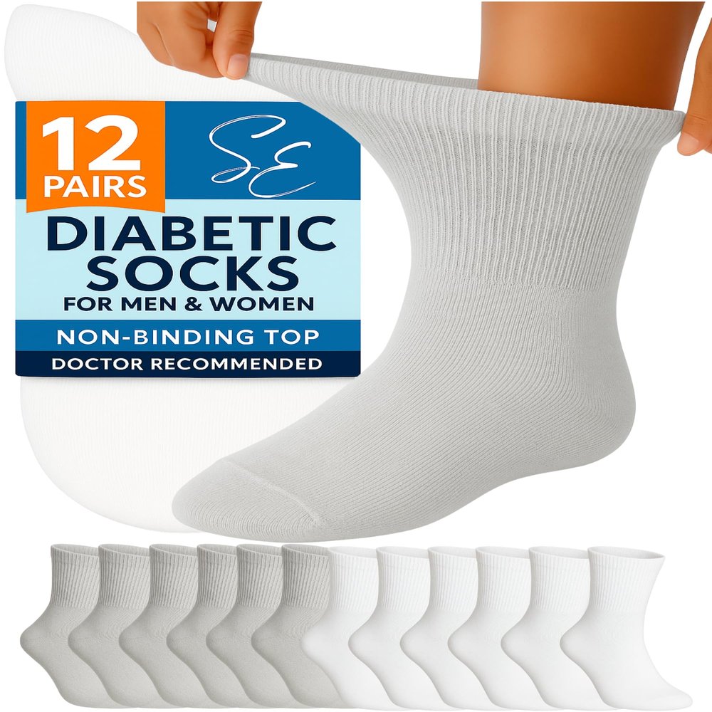 Special Essentials 12 Pairs Cotton Diabetic Ankle Socks - Non-Binding With Extra Wide Top For Men and Women White and Gray 9-11