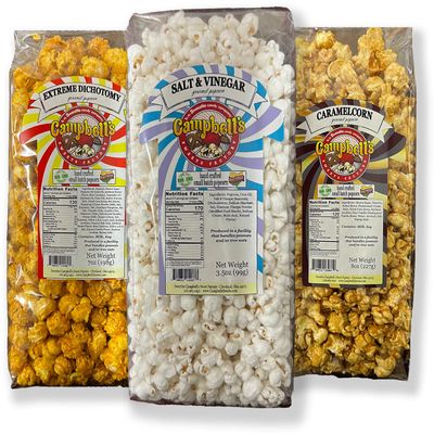Campbell's Sweets Factory Caramelcorn, Extreme Dichotomy, & Salt Vinegar Gourmet Popcorn Flavors- 3 Bag Variety Gift Pack House Specialty Popcorn