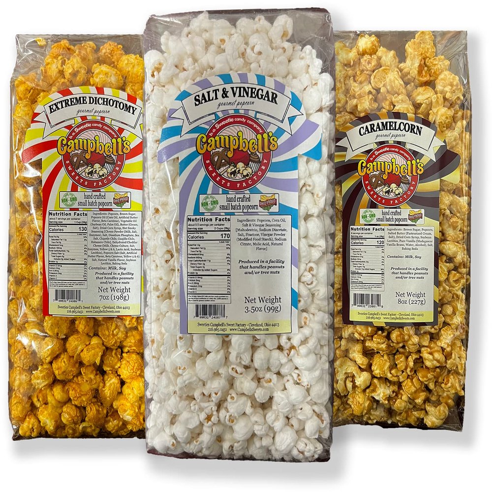 Campbell's Sweets Factory Caramelcorn, Extreme Dichotomy, & Salt Vinegar Gourmet Popcorn Flavors- 3 Bag Variety Gift Pack House Specialty Popcorn