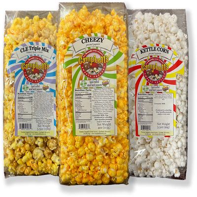 Campbell's Sweets Factory CLE Triple Mix, Kettle, & Cheezy Gourmet Popcorn Flavors - 3 Bag Variety Gift Pack Assorted House Specialty Popped Popcorn