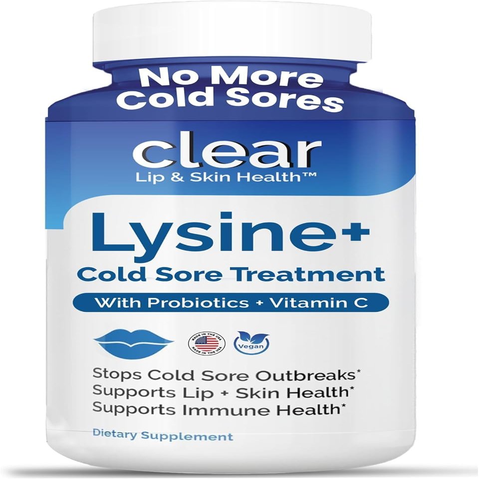 Clear Probiotics Lysine Cold Sore Treatment for Lips  with Lactobacillus Rhamnosus, Acidophilus and Vitamin C  Cold Sore Supplement for Lip & Skin Health, Immune Support & Prevention  180 Capsules
