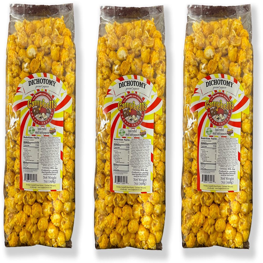Campbell's Sweets Factory Dichotomy Popcorn 3 Pack Cheesy Gourmet Caramel Corn - 3 Bag Gift Pack Flavored Specialty Popped Popcorn