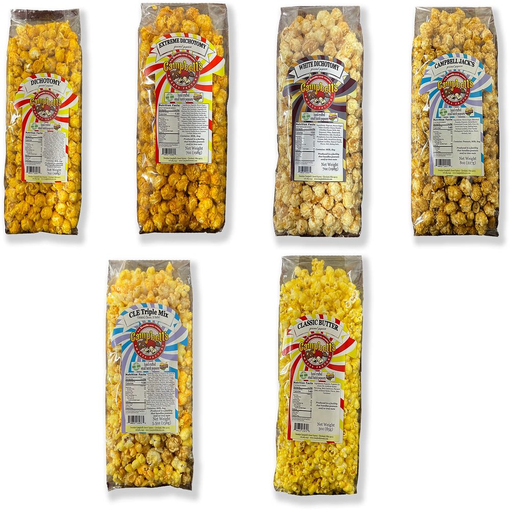 Campbell's Sweets Factory Gourmet Popcorn Variety Pack Campbell's Classics, 6 In-House Creations Campbell Jack, White Dichotomy, CLE Triple Mix & More