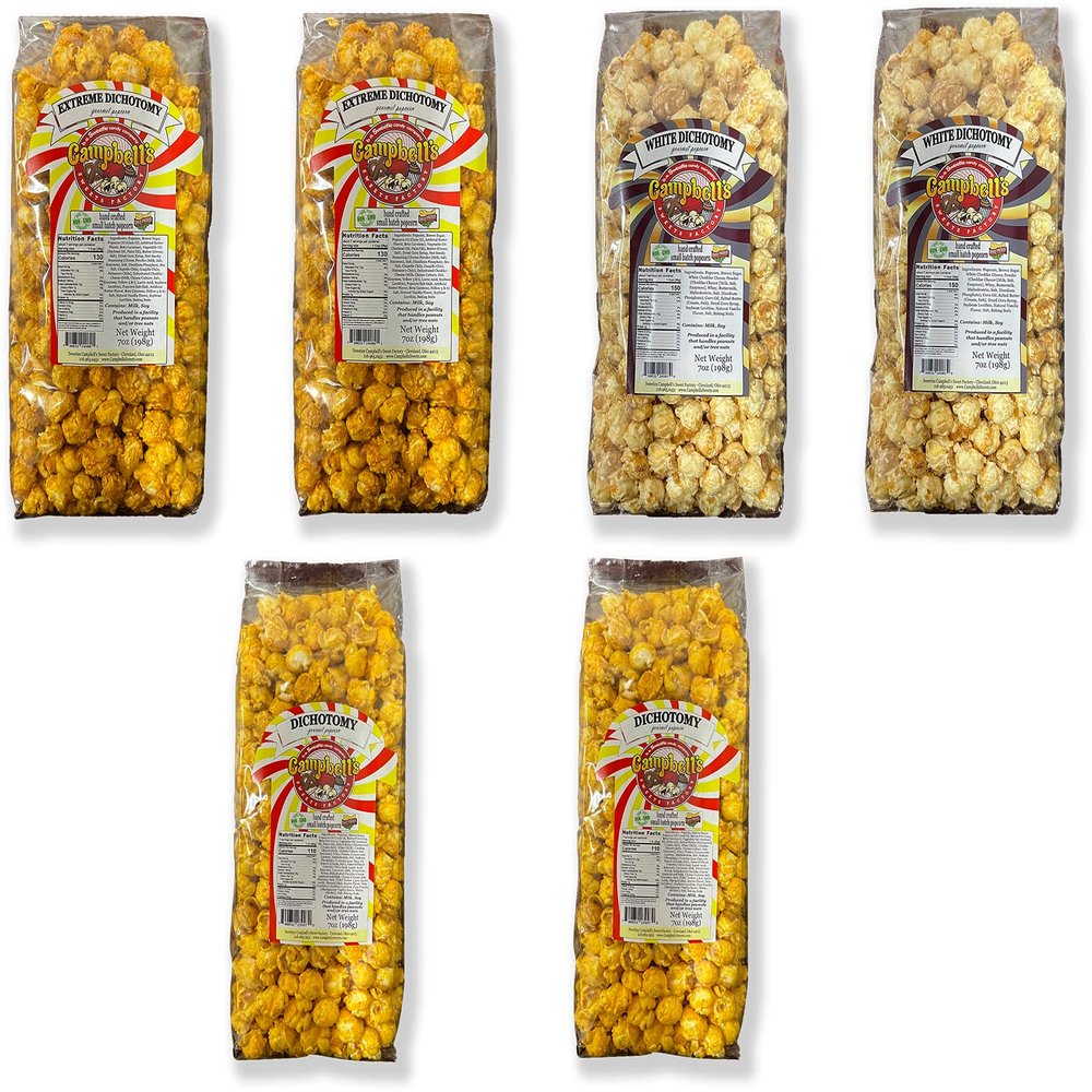 Campbell's Sweets Factory Gourmet Popcorn Variety Pack Dichotomy, 6 Cheesy Caramel Popcorn Bags 2 Classic, 2 White Cheddar, 2 Spicy Extreme Dichotomy