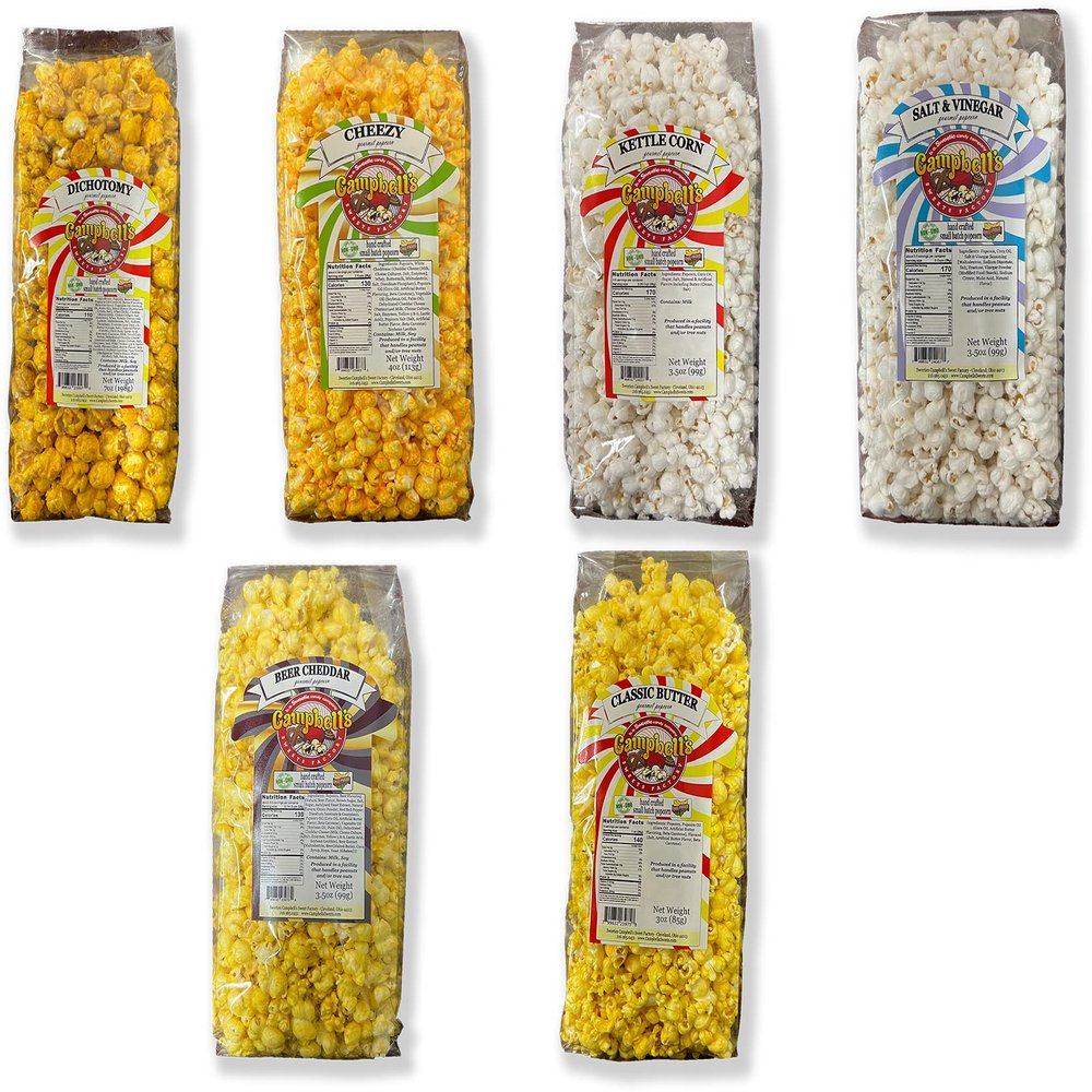 Campbell's Sweets Factory Gourmet Popcorn Variety Pack, 6 Different Flavor Popcorn Includes Beer Cheddar, Salt & Vinegar, Kettle, Cheezy, & More!