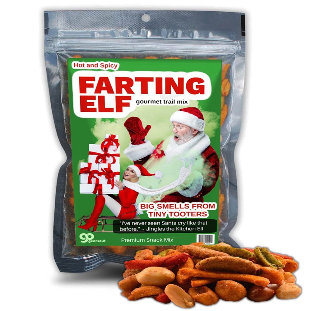 Funny Christmas Premium Trail Mix - Hilarious Stocking Stuffers for Men Food Spicy Gifts for Women - Unique Foods Gifts and Gourmet Basket Ideas Care Packages Christmas Gag Gifts for Adults Teenagers Coworkers Friends (Farting Elf)