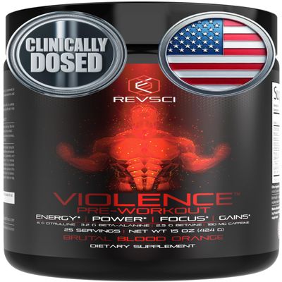 Violence Pre Workout Powder for Men & Women, Clinically Dosed Preworkout, 180 mg Caffeine + L-Theanine, L Citrulline Malate, Beta Alanine, Alpha GPC - 25 Servings, Blood Orange - Energy, Focus & Pump