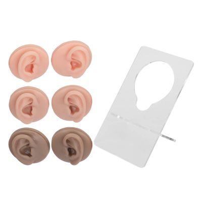 3 Pairs Soft Silicone Ear Model, Acrylic Stand, Human Ear Model for Piercing Practice, Earring Display, Silicone Human Ear Model