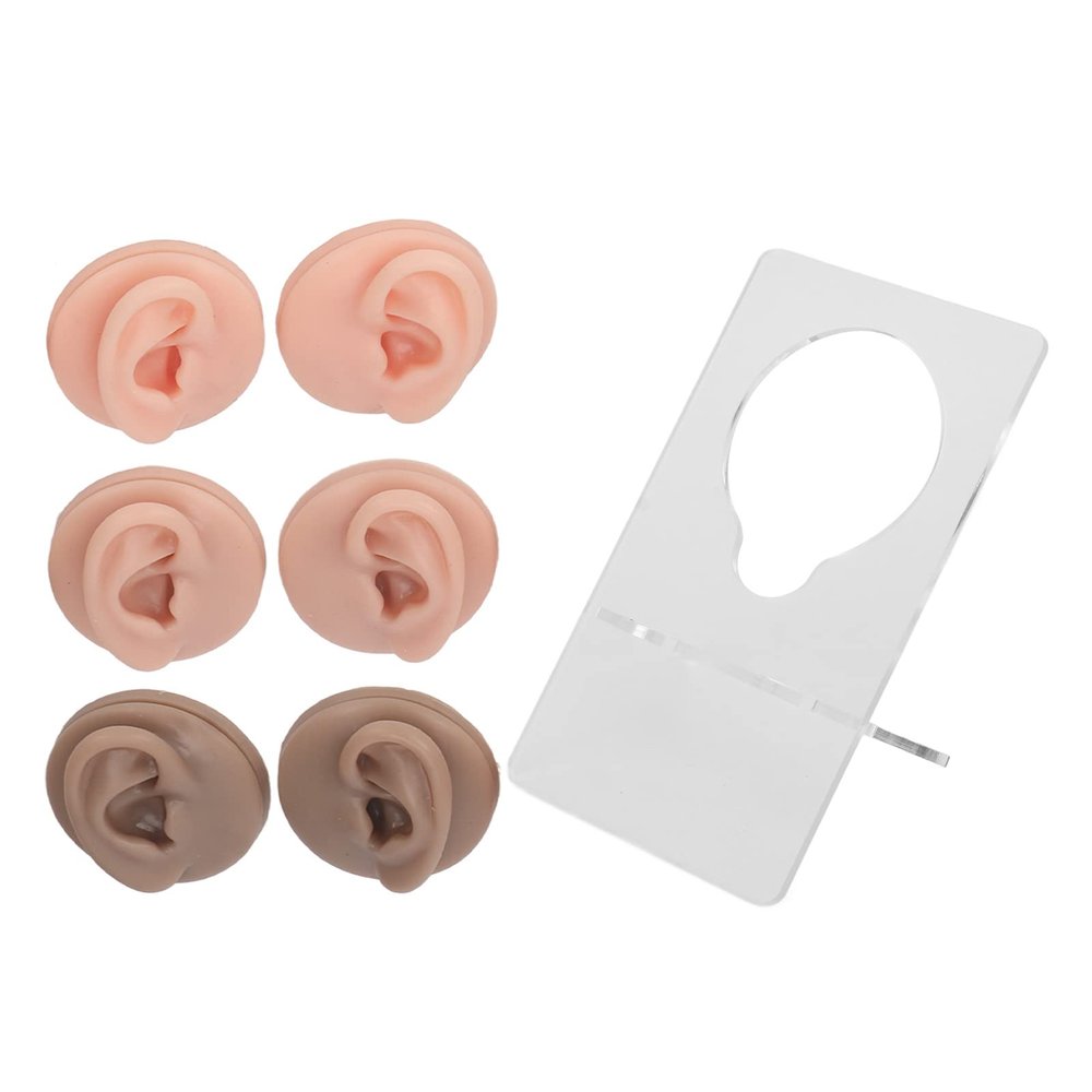 3 Pairs Soft Silicone Ear Model, Acrylic Stand, Human Ear Model for Piercing Practice, Earring Display, Silicone Human Ear Model