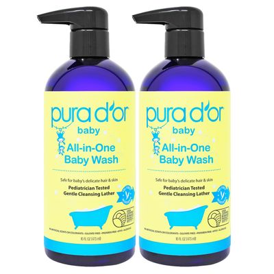 PURA D'OR All-in-One Baby Wash (16 Oz x2 = 32 Oz) USDA Biobased, Zero Sulfates, No Artificial Scents, Tear-Less, Hypoallergenic, Gentle, Calming 2-in-1 Baby Bath Wash & Shampoo