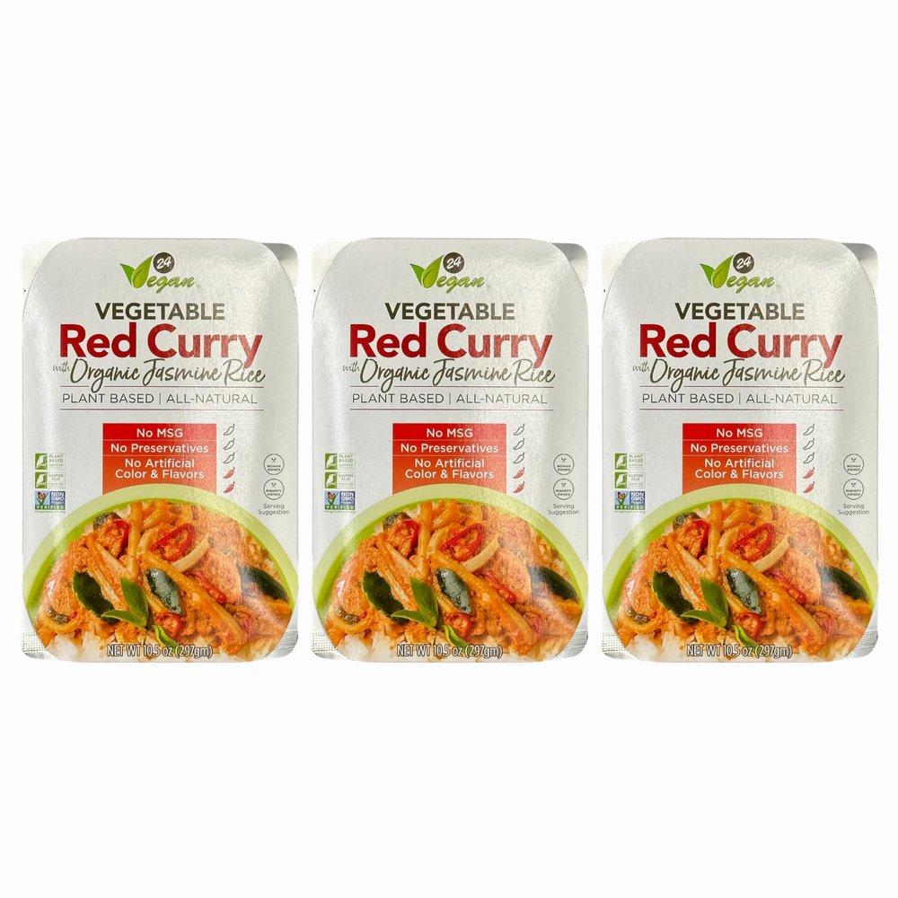 24Vegan - Gourmet Thai Red Curry Meal with Organic Jasmine Rice (3-Pack) - Non-GMO, Gluten-Free, Vegan Thai Red Curry, Instant Curry - Just Heat & Eat