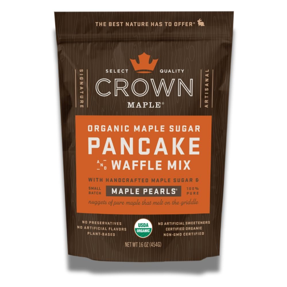 Crown Maple Organic Maple Sugar Pancake and Waffle Mix, 16oz, with Handcrafted Maple Sugar and Small-Batch Maple Pearls